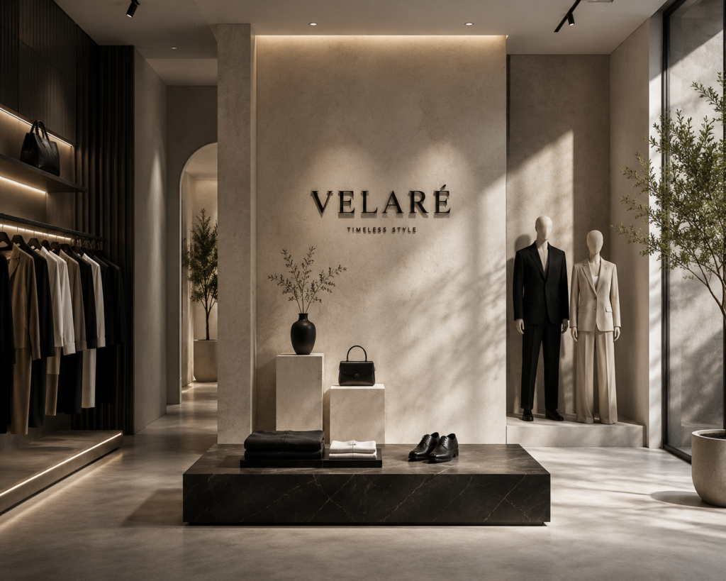 VELARÉ women's boutique storefront with elegant mannequins