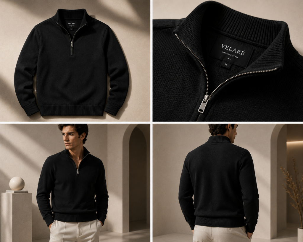 VELARÉ black merino quarter-zip sweater — flat lay, luxury menswear