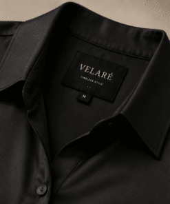 VELARÉ VELARÉ Black Signature Shirt — collar and brand label detail, luxury menswear