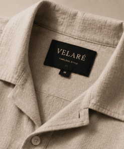 VELARÉ VELARÉ Onyx Waffle-Knit Camp Shirt — collar and brand label detail, luxury menswear